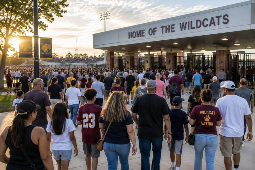 Crowd of families and fans walking into a high school stadium at sunset